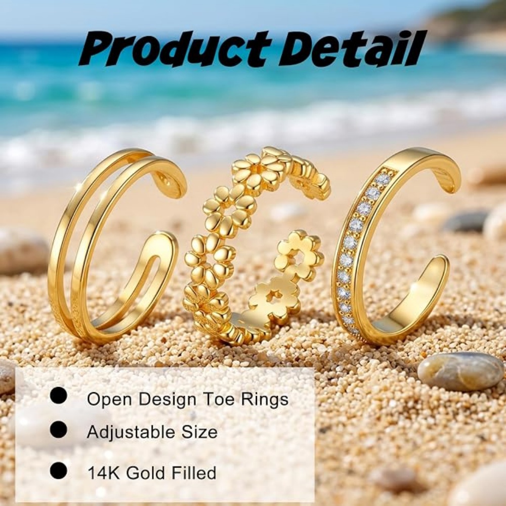 3Pcs Gold Open Adjustable Ring - Body Jewelry Rings 评论和价格